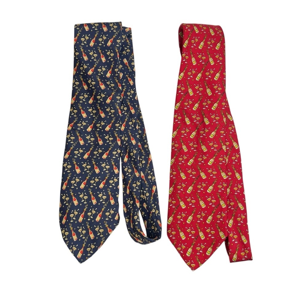 Salvatore Ferragamo Blue & Red Silk New Year Champagne Toast Neck Ties